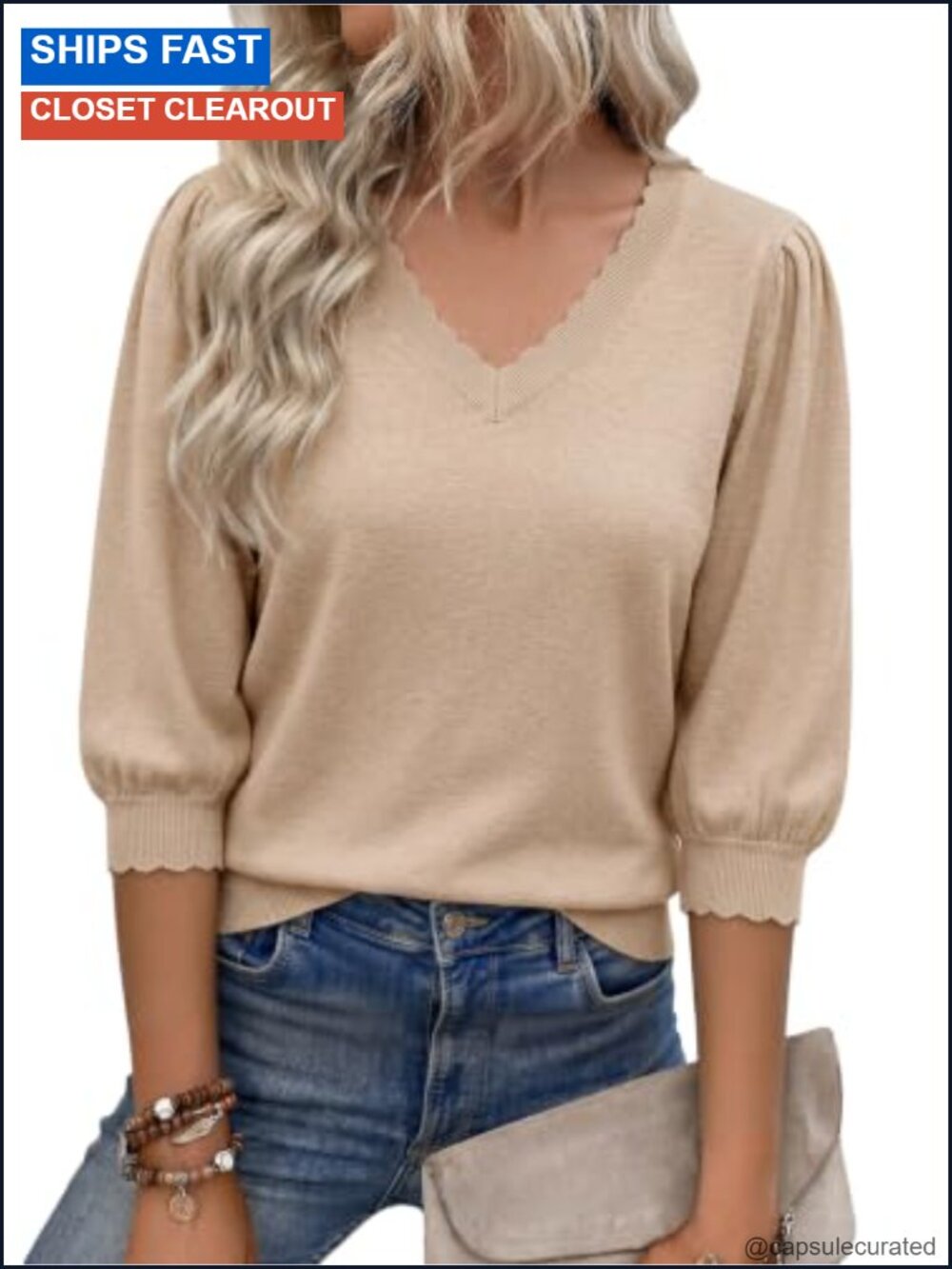 Women's Lightweight Puff Sleeve V-Neck Knit Sweater Pullover 3/4 Sleeve